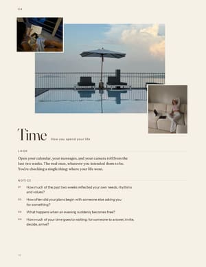 Time chapter opening: a pool, an open book and a laptop on a sofa.